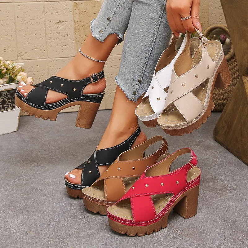 

Vintage Women High Heel Cross Strap Sandals Summer 2026 Rivet Decor Ankle Strap Slingback Female Shoes Comfort Casual Sandals