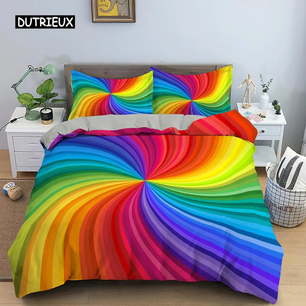 

Geometric Printed Bedding Set Microfiber Colorful Lines Duvet Cover with Zipper Closure Queen King Size Quilt Cover Home Textile