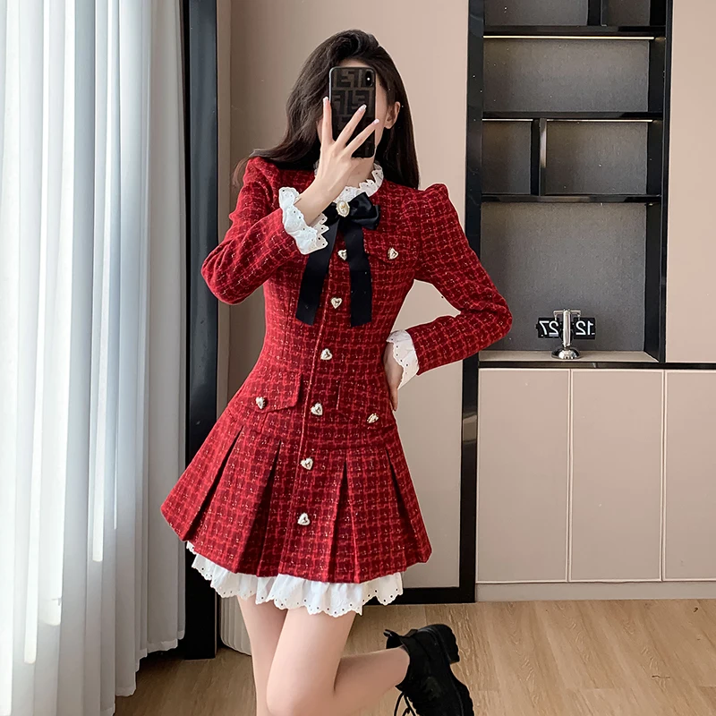 2024 New Years Christmas Light Luxury Tweed Pleated Dress Korean Sweet Long Sleeve Vestido Femininos French Vintage Dresses