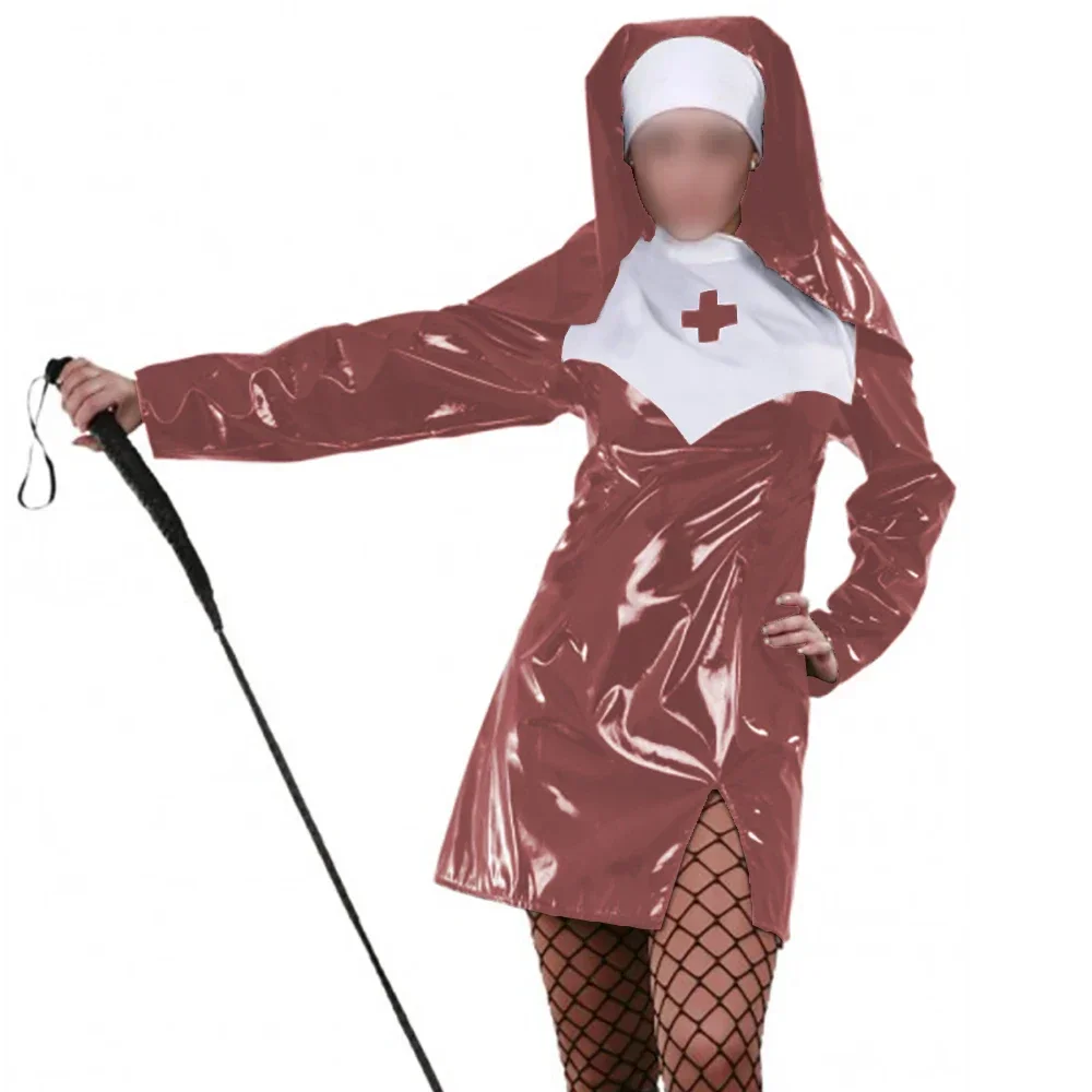 

Halloween Role Play Nun Uniform with Headgear Long Sleeve Slim Side Slit Mini Dress Sexy PVC Leather Women Nun Cosplay Costumes