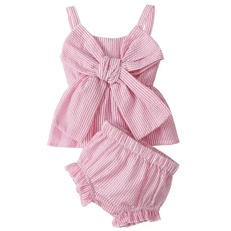 

0-18M Newborn Baby Girl 2Pcs Sweet Clothing Set Striped Print Big Bow Embellished Vest Dress Top Shorts