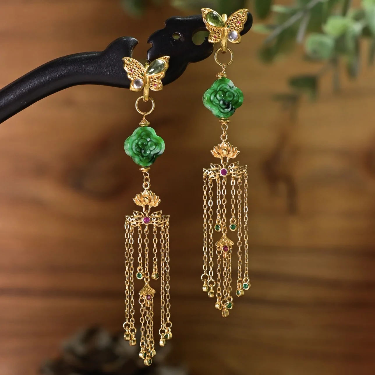 

Natural A-grade Green Dry Green Jadeite Clover Tassel Earrings 925 Silver Gold Plated Tourmaline Butterfly Ear Clasp for Women