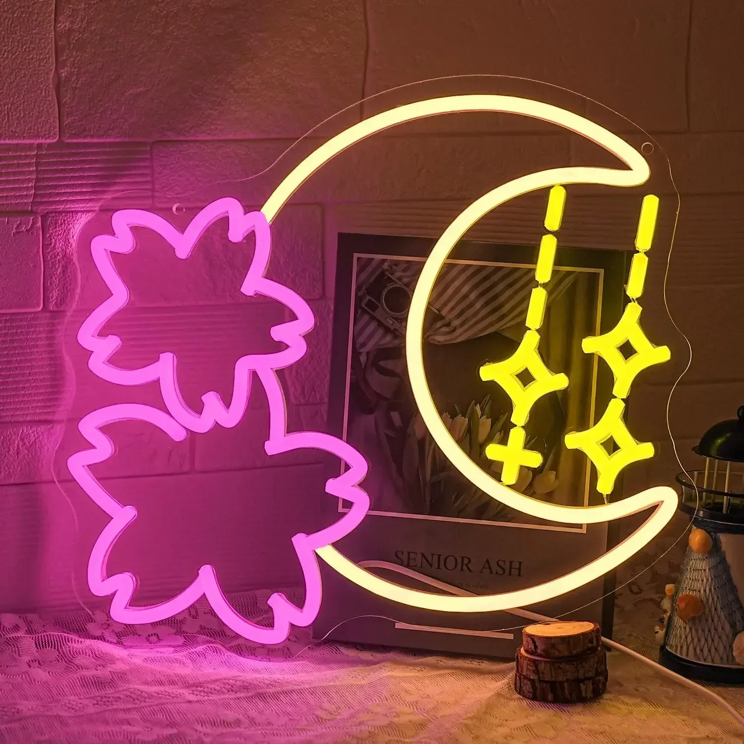 Cherry Blossom Moon Neon Sign Pink Flower LED Wall Art Acrylic USB Powered Dimmable Light For Bedroom Sakura Themed Room Deco