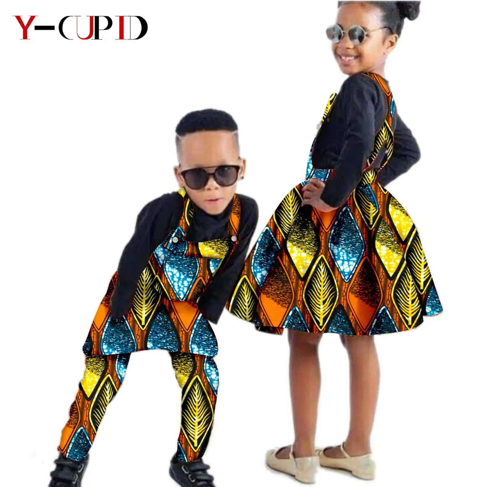 African Clothes for Kids Bazin Riche Boys Ankara Outfits Jumpsuit Bib Overalls Matching Girls Print Suspender Skirts S204014