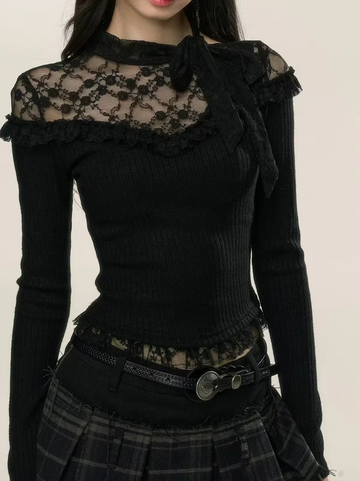 

Elegant Sexy Bodycon Lace Knitted Sweater Women Long Sleeve Autumn Winter Pullover Female Y2k Crop Top Blouse Korean Fashion