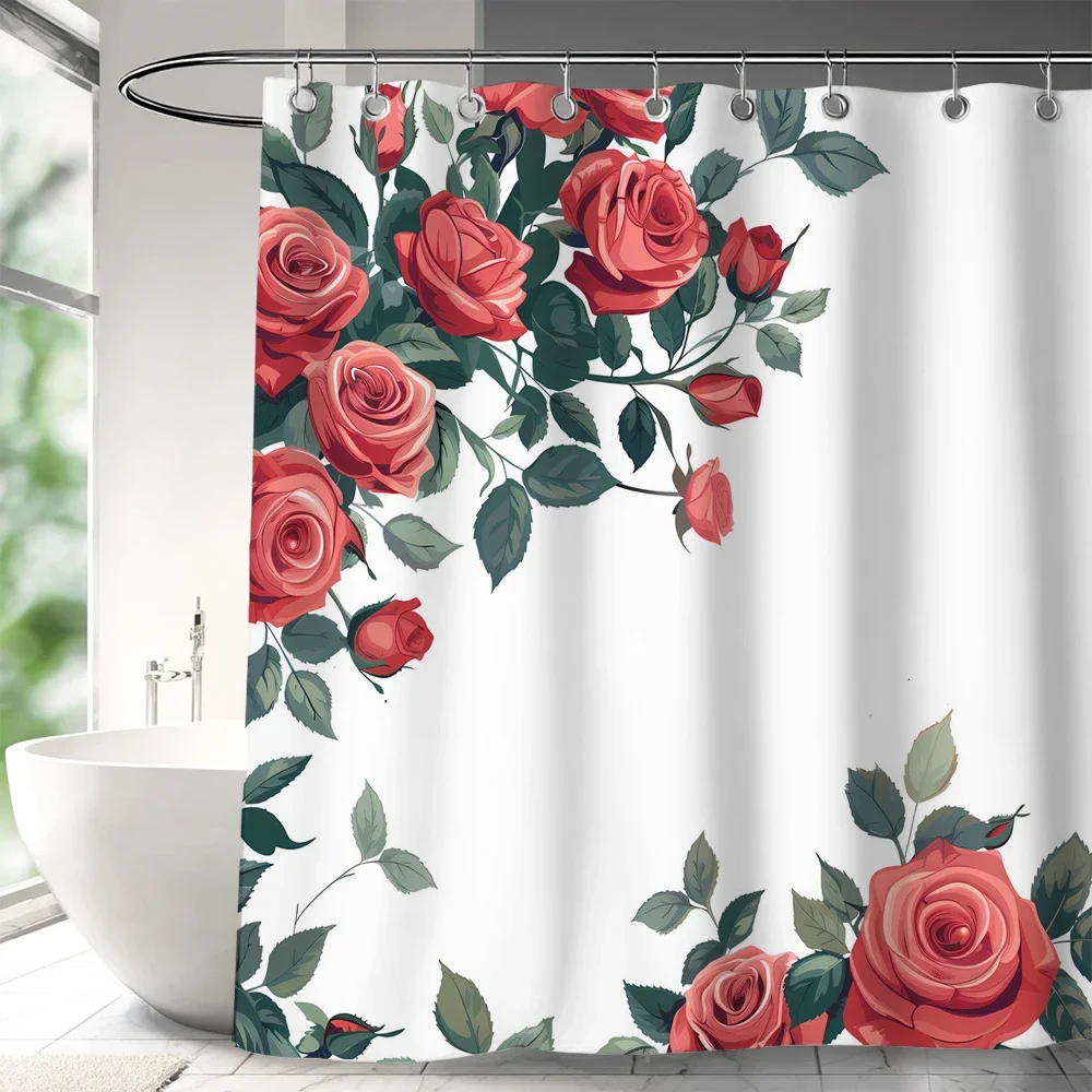 Floral Shower Curtain Watercolor Tulip Print with Hooks, Waterproof Shower Curtain,  Curtains for Bathroom