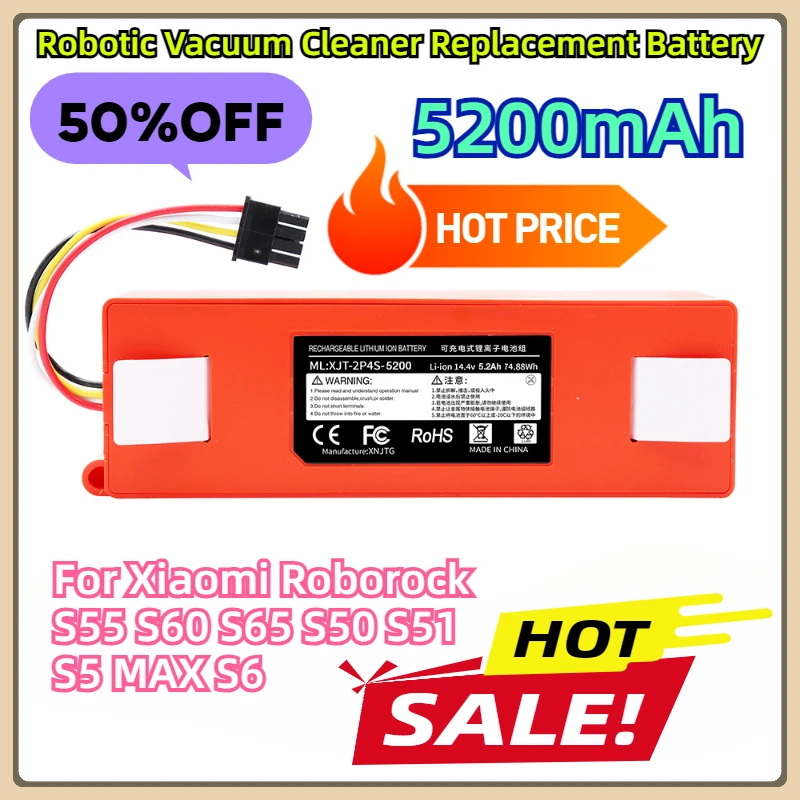 

For Xiaomi Roborock S55 S60 S65 S50 S51 S5 MAX S6 Parts 14.4V 5200mAh Robotic Vacuum Cleaner Replacement Battery