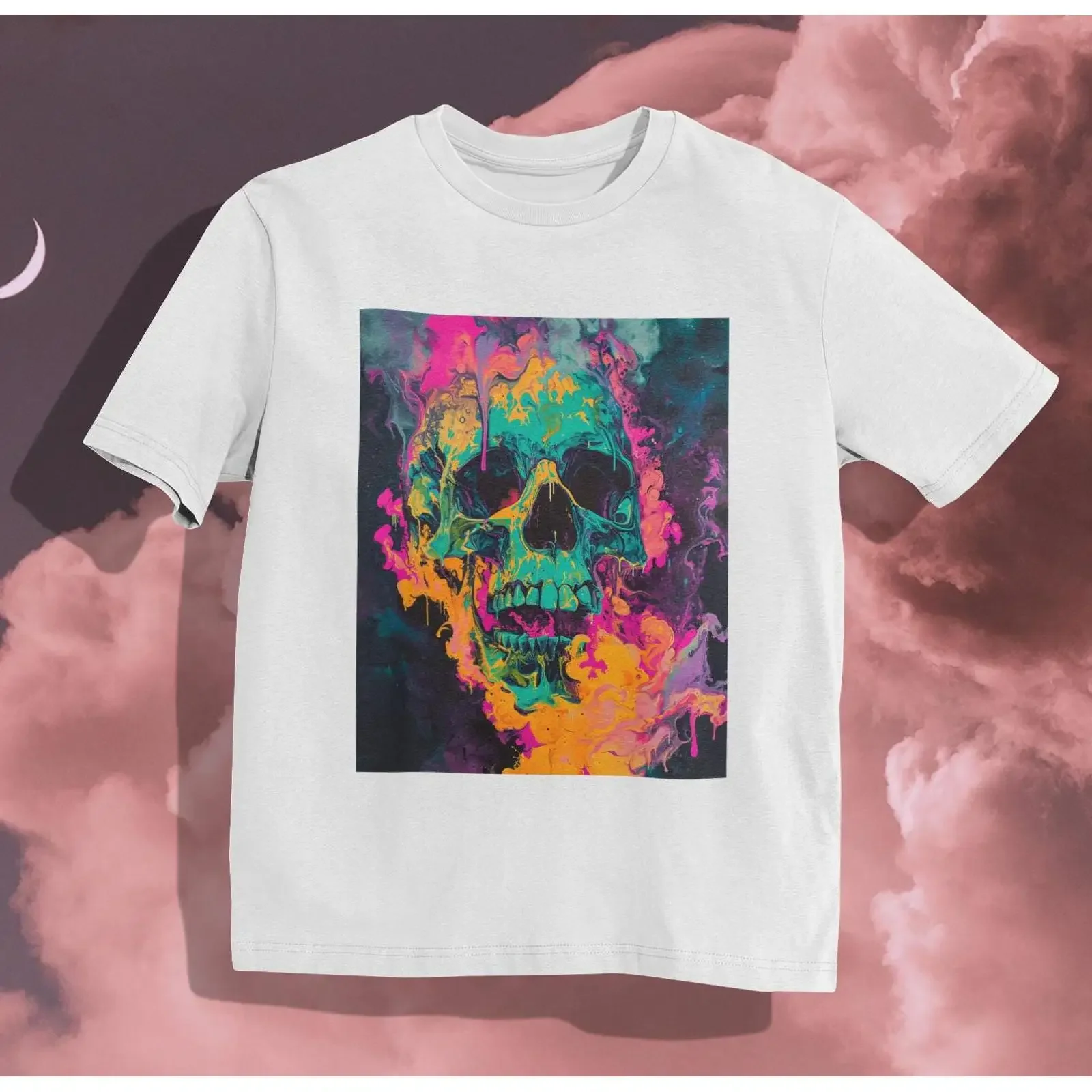 Psychedelic Neon Skull T Shirt Vivid Trippy Streetwear vintage Washed Stylish streetwear Casual Slightly Comfortable Soft