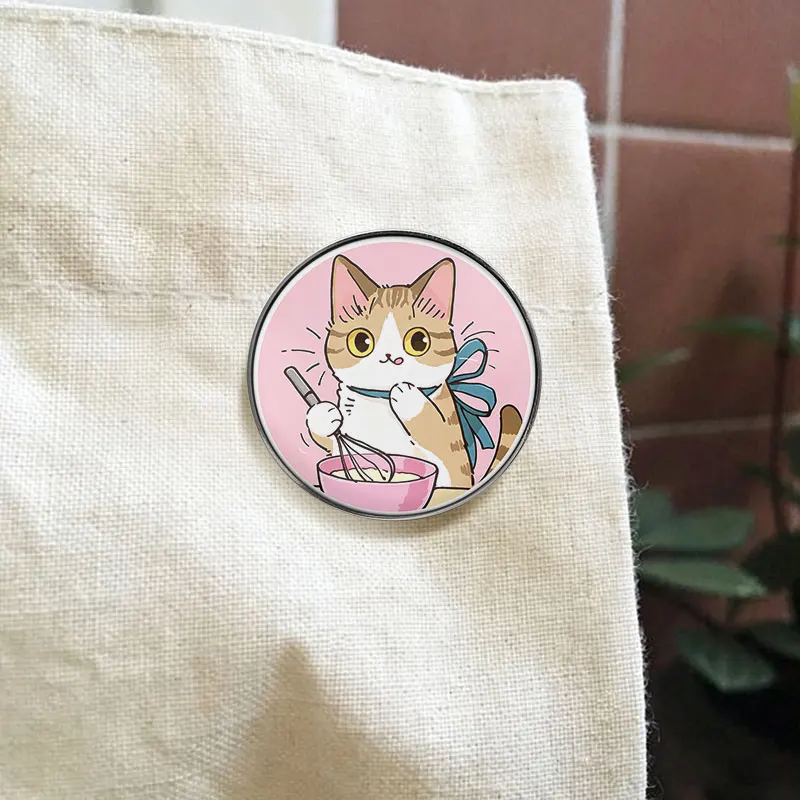 Cute Cartoon Cat Baking UV Printing Pin Whisk Bowl Design Brooch Lapel Badge Jewelry Gift For Kawaii Lover