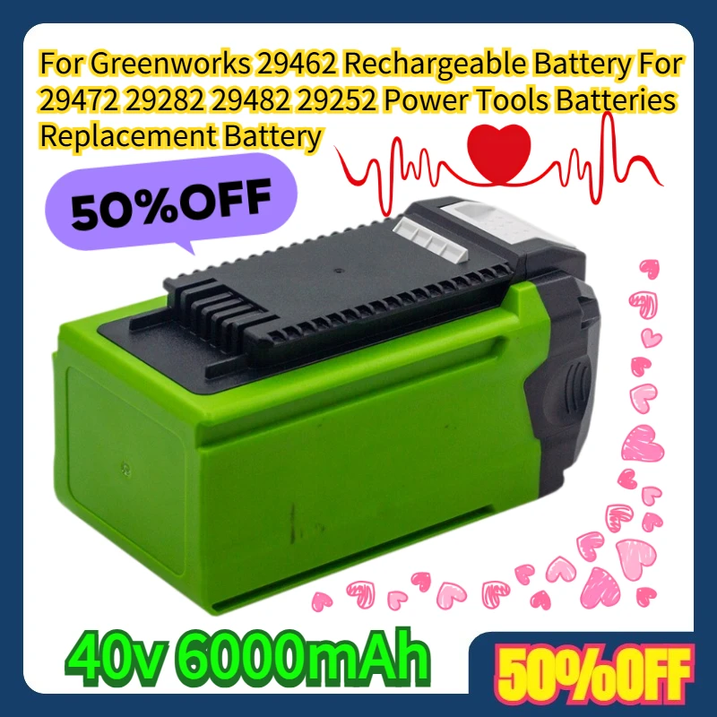 

For Greenworks 29462 40v 6000mAh Rechargeable Battery For 29472 29282 29482 29252 Power Tools Batteries Replacement Battery
