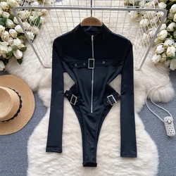 Sexy Vintage Bodysuit Half High Collar Zippers Long Sleeve Fashion One Piece Basic Hotsweet Women Gothic Slim Jumpsuit Ins
