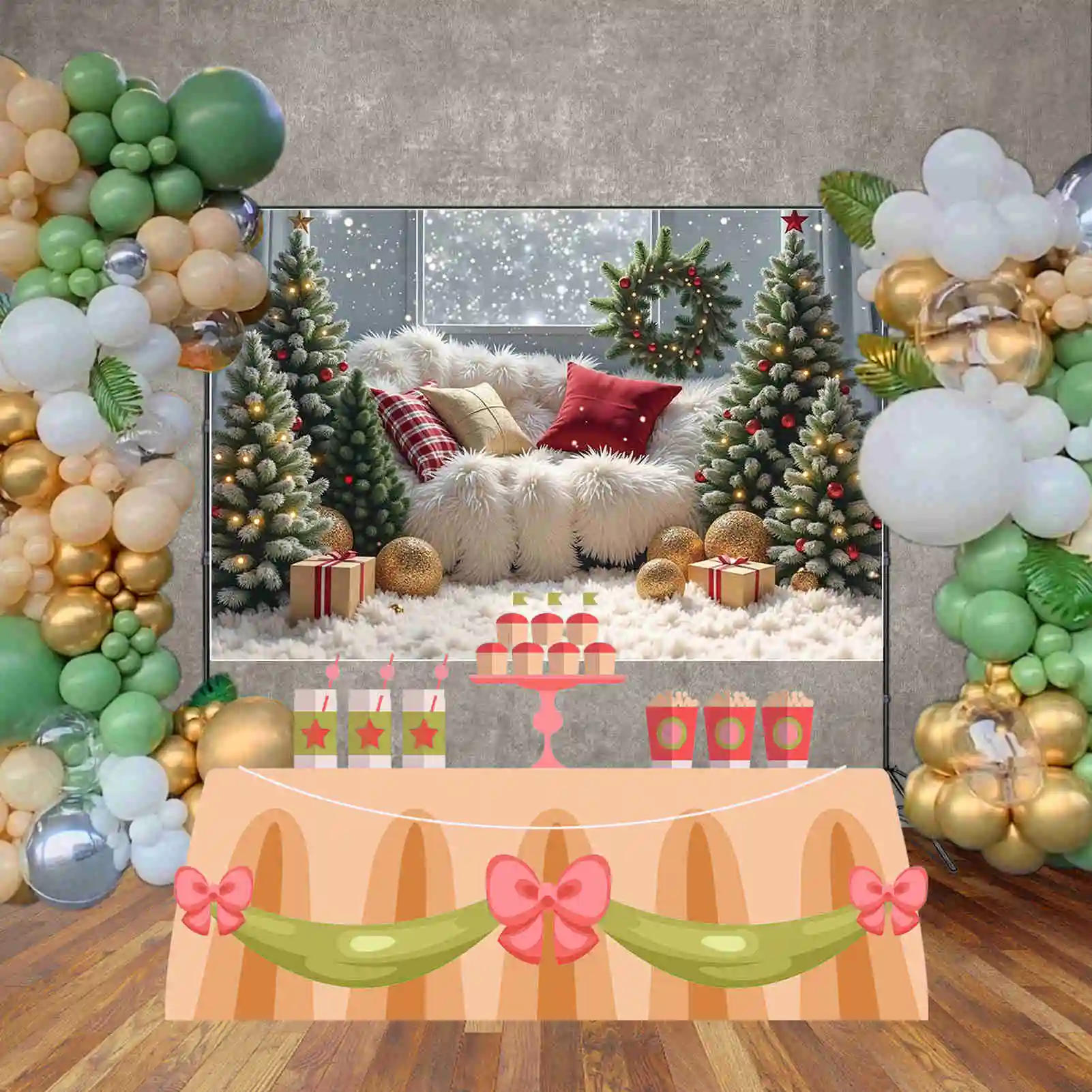 MOON.QG 2024 크리스마스 사진 배경 방, 새해 크리스마스 트리 포토존 배경, 어린이 스튜디오 포토부스 용품