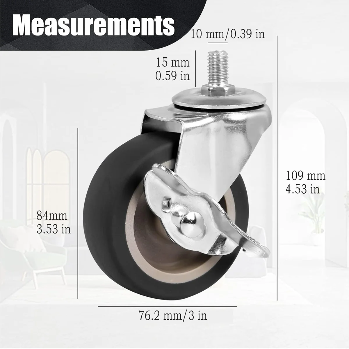 3 Inch Stem Casters Set of 4, Heavy Duty Swivel Wheel with Brake, Metric Size M10-1.5-15 Casters for Workbench Trolley