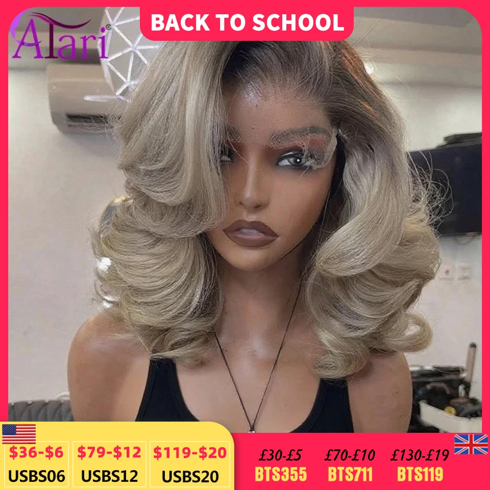 Braune Wurzeln, asch Ombre, gewelltes Echthaar, Bob-Perücken, 180 Dichte, 13 x 4, volle Spitze, Frontal, Upgrade, gewellt, kurze aschblonde Bob-Perücke