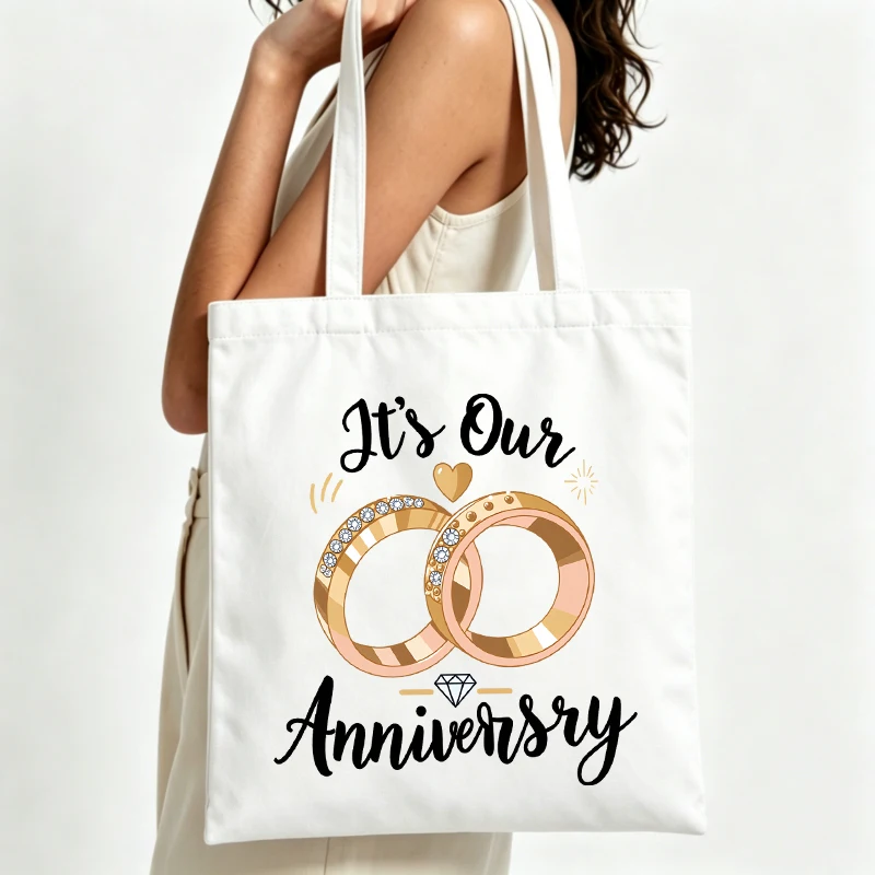 Women's ring and diamond graphic canvas tote bag, casual style for anniversary celebrations and daily use
