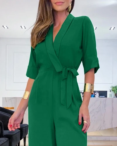 Imagen 2 del producto Monos de pierna ancha con cintura atada y media manga con cuello en V Ropa de trabajo elegante para mujer