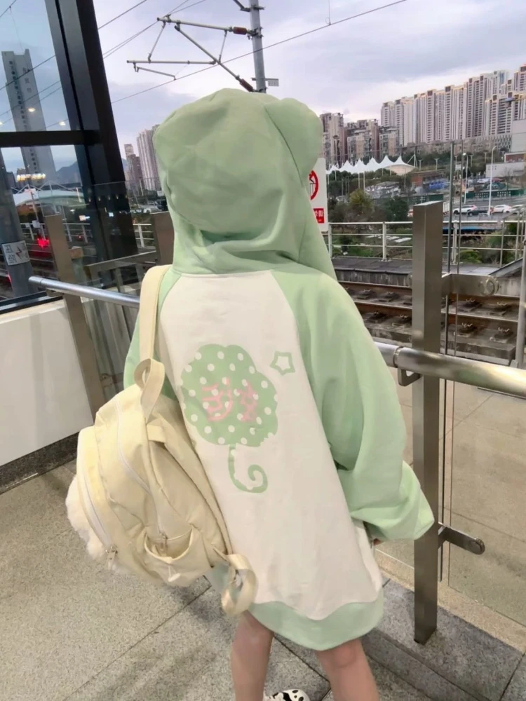 Y2k Harajuku Vintage dulce niñas sudaderas con capucha Japón Kawaii estampado de dibujos animados de manga larga con capucha cremallera abrigos mujeres Linda chaqueta elegante de los años 2000