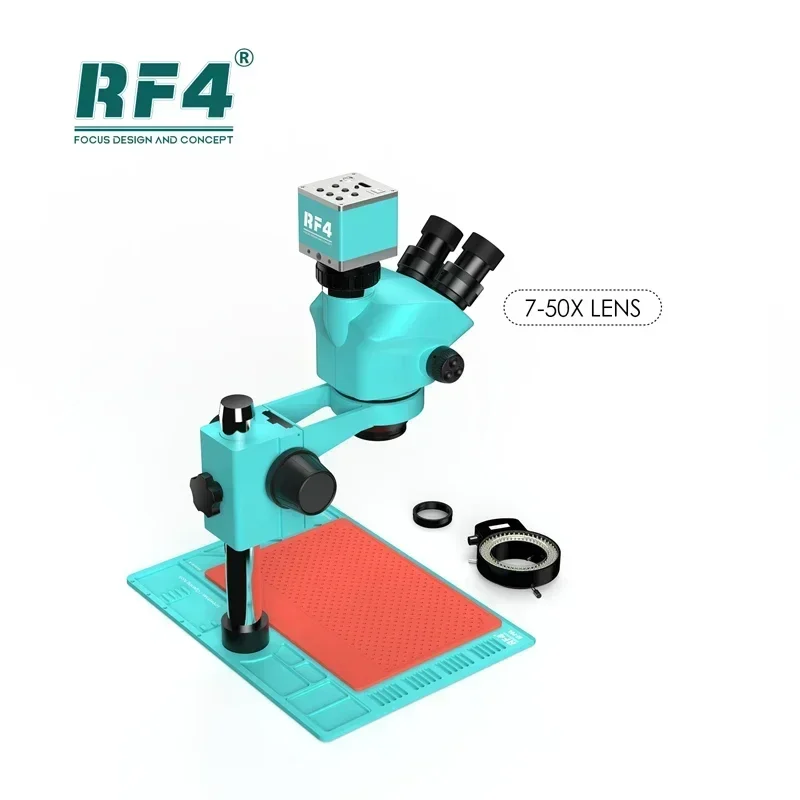 

NEW RF4 RF7050-PO4-4K Industrial Microscope 7-50X Continuous Focus Magnification with PO-4 Aluminum Alloy Base and 4K Camera