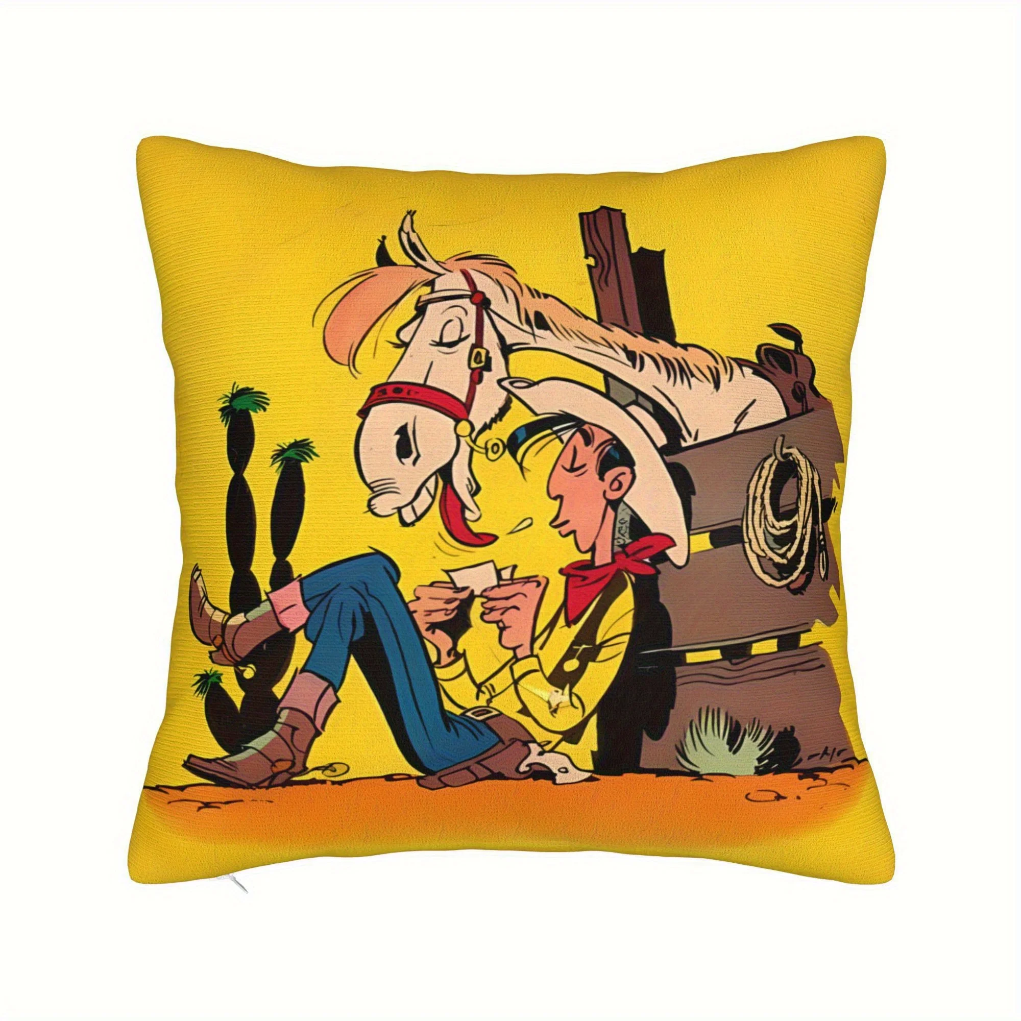 Short Plush “Cartoon Cowboy & Horse” Pillowcase 17.7×17.7 Inch Double Sided Printed Zipper Cushion Cover Retro Western Decor