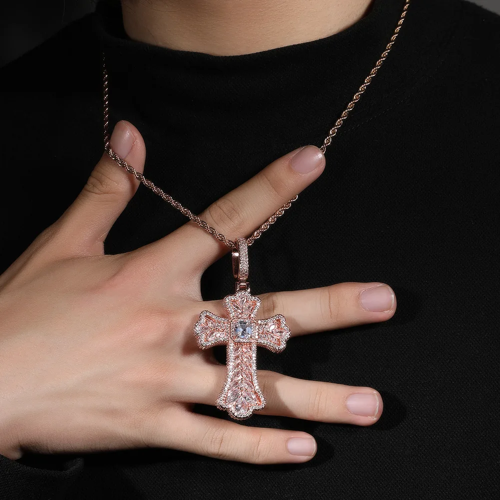 Iced Out Wheat Ear Cross Pendant Lucky Blessing Colorful Zircon Hip Hop Luxury Jewelry For Men Women With 24 Inch Twist Chain