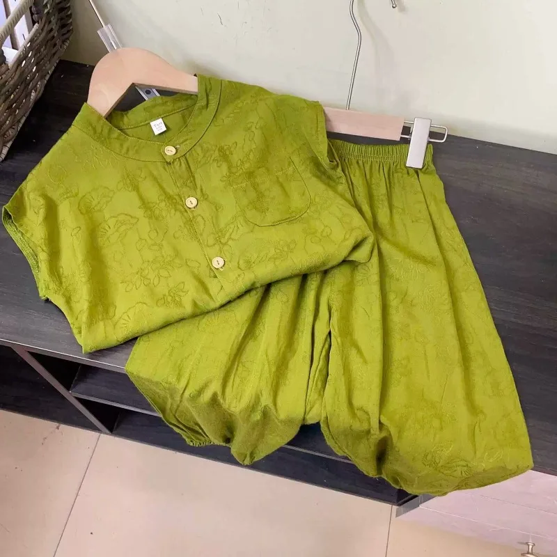 Kids' Jacquard Cotton Set Boys Girls Sleeveless Top & Elastic Waist Pants 2PCS Outfit
