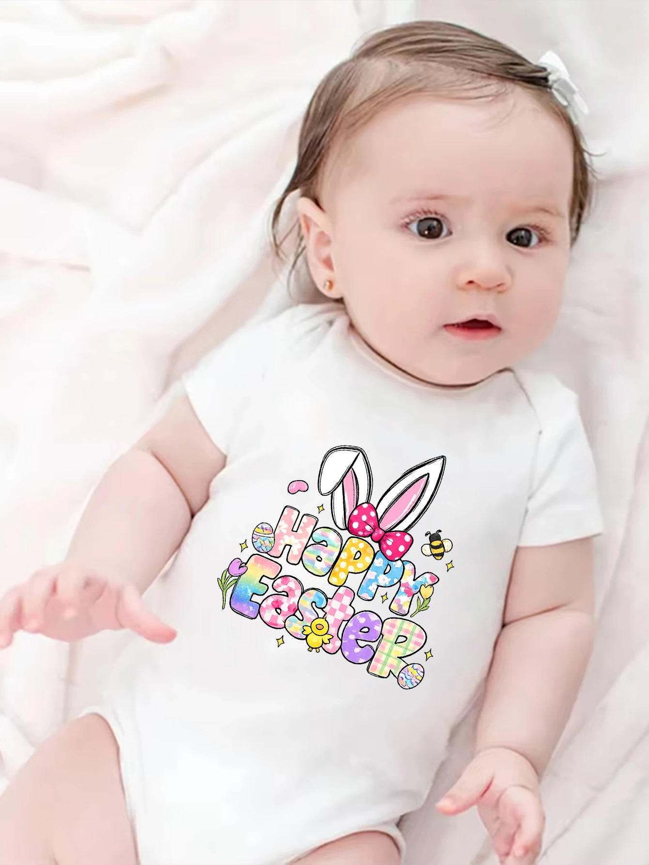 

Трикотажный комбинезон с принтом кролика и надписью "Happy Easter" для мальчиков и девочек, весна/лето, с короткими рукавами, для пасхальных вечеринок, детский