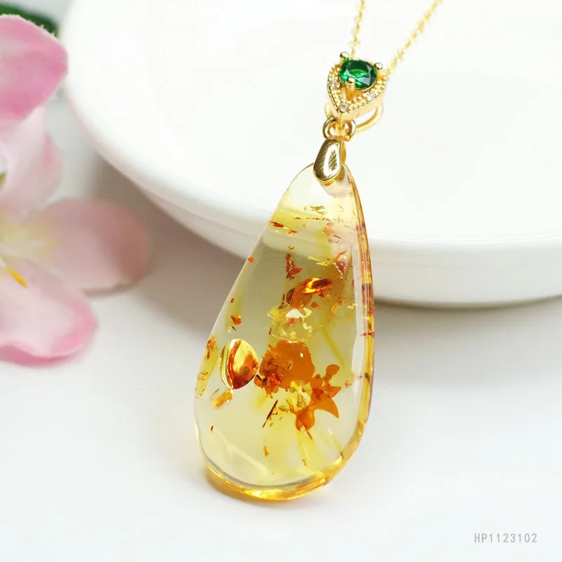 Chinese Style Lucky Blessing Flower Amber Teardrop Pendant Natural Russian Amber Good Fortune Jewelry With Optional Chain For