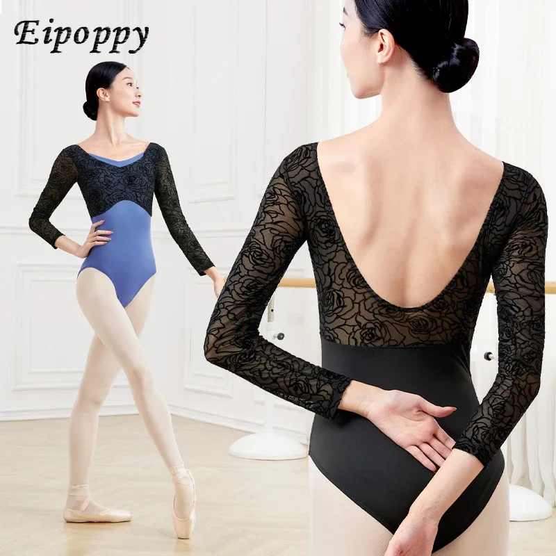 

Женское балетное блестящее трико, танцевальный трико со вставками, квадратный воротник, U-образный вырез, длинные рукава, нейлоновое танцевальное боди