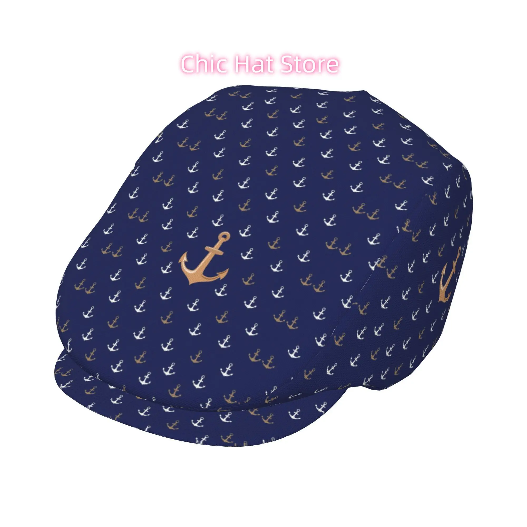 1pc Golden Anchor Navy Pattern Fully Printed Men And Women Adjustable Flat Cap Newsboy Beret Ivy Cap Irish Cabbie Forward Cap Ga
