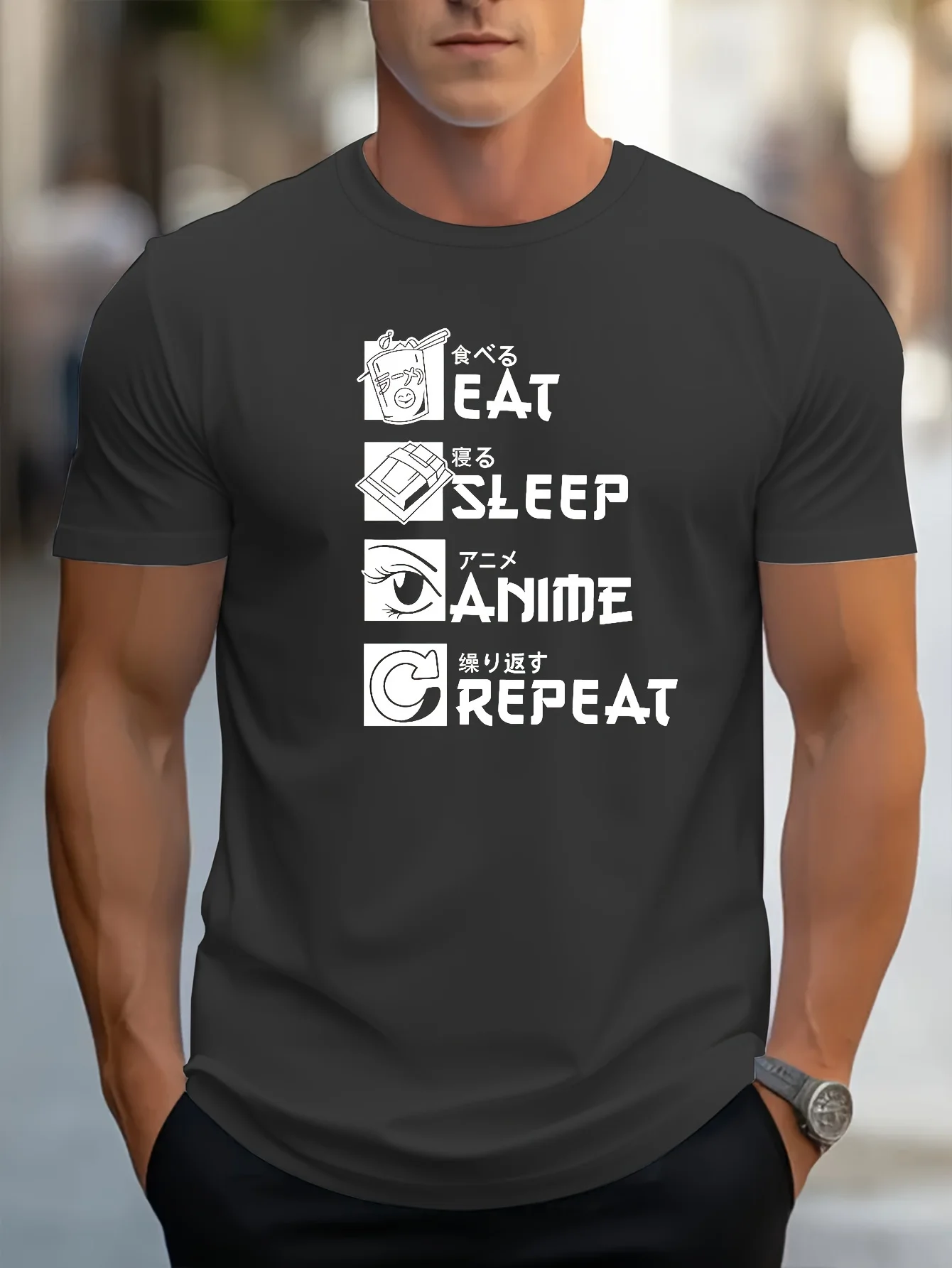 EAT SLEEP ANIME REPEAT pattern design -100% cotton summer short sleeve O-neck casual printed men's T-shirt.