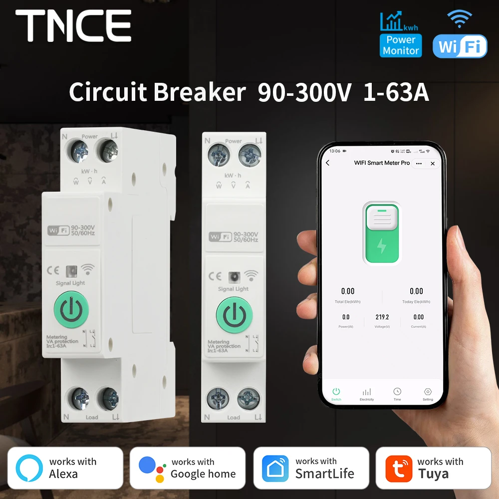 TNCE Tuya WiFi Smart Circuit Breaker Switch 1-63A 1P+N MCB Timer Power Energy kWh Voltage Current Meter Protect Alexa GoogleHome