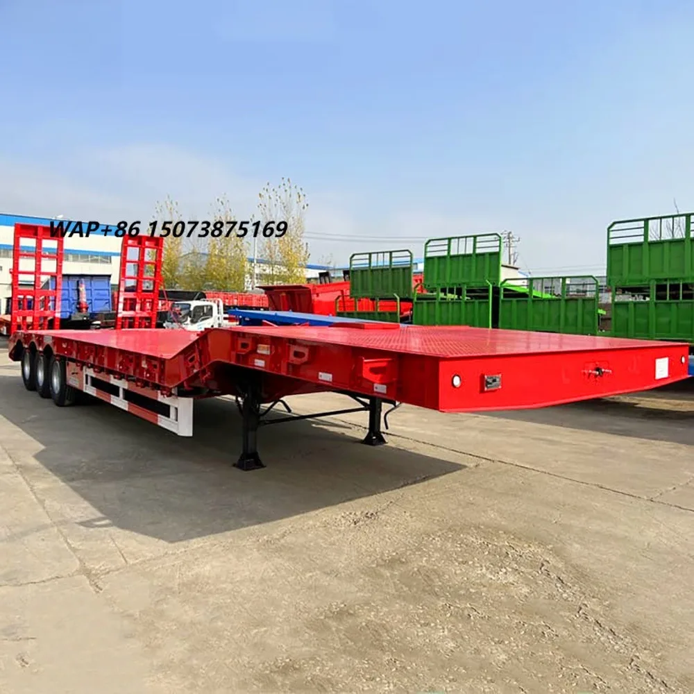 Heavy Duty Flatbed Truck Trailer 3 Axle Lowbed Semi Trailer With Hydraulic Ladder Lowboy Low Loader