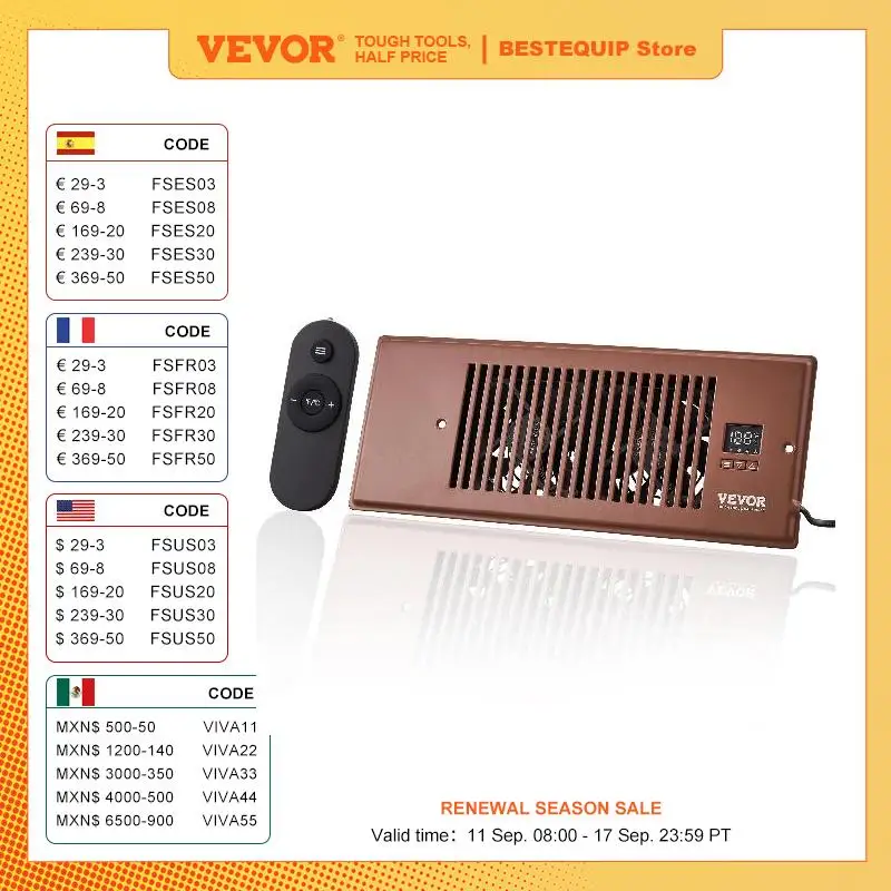 VEVOR-ventilador de refuerzo, conducto de 4x12 pulgadas, 100CFM, 10 velocidades ajustables Con controlador inteligente LCD para pared y suelo