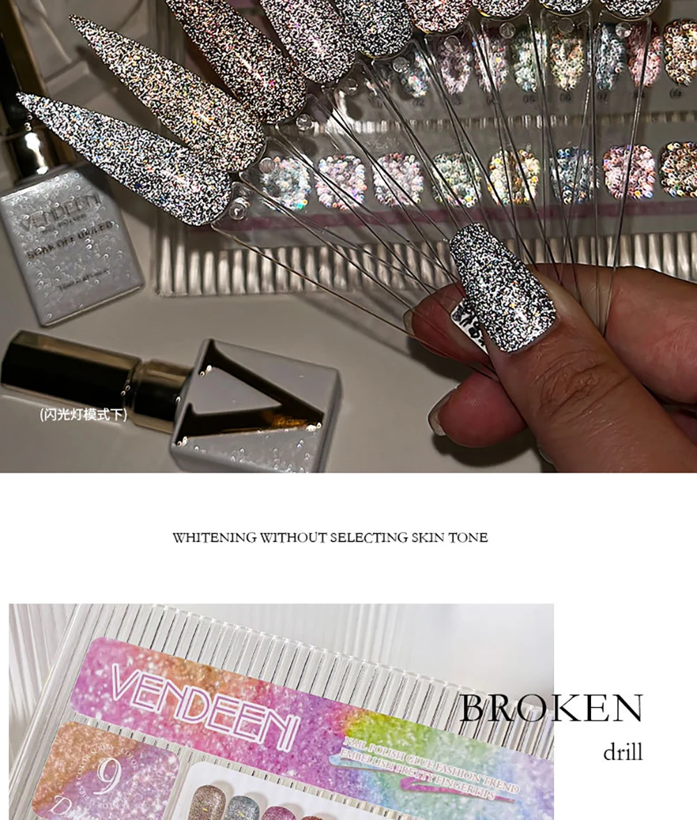 Vendeeni 9 Farben/Set Regenbogen Glitzer Gebrochener Diamant Gel Nagellack UV LED Aushärtbarer Gel-Lack Flash Nail Art Gel mit Display – Detail 5