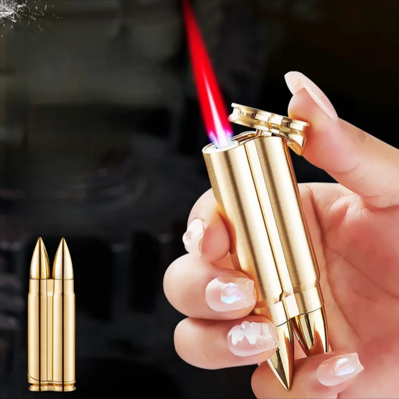 Outdoor Windproof Double Bullet Shaped Inflatable Lighter Metal Military Bullet Model, Portable Lighter New Men's Smoking Gift