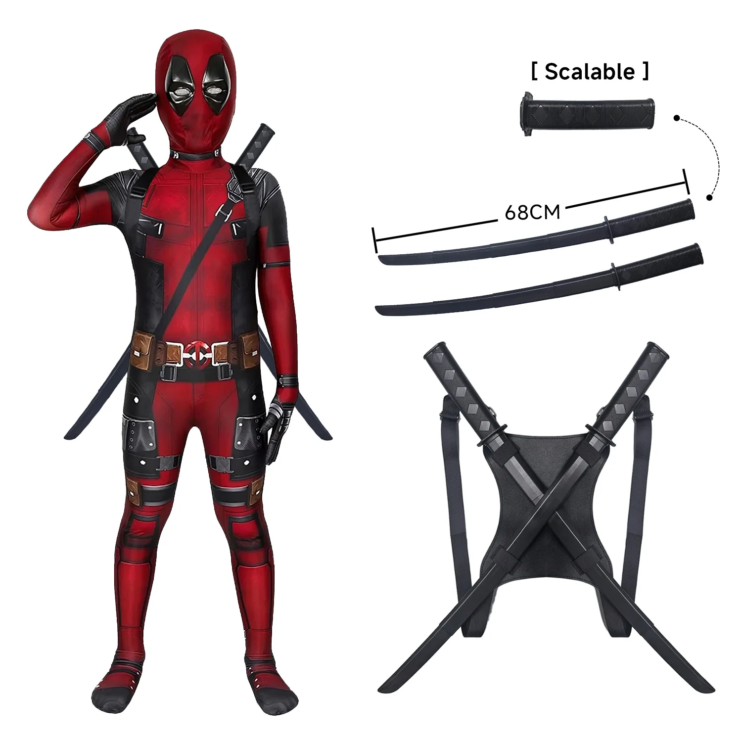 Deadpool-Conjunto de espada telescópica, disfraz de superhéroe para niño, disfraz de Halloween, traje de Deadpool para niño, mono, disfraz para niño