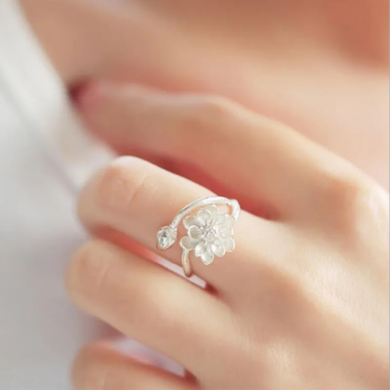 New Original Fine White Lotus Flower 925 Sterling Silver Jewelry Branch Opening Ring Fashion For Women        R040