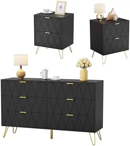 Bedroom Sets 3 Piece Black 6 Drawer Dresser and Night Stand Sets for Bedroom, Two Drawers Nightstand Set of 2 & 6