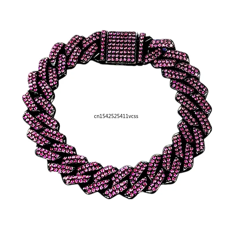 Hip Hop Shiny Purple Black Gold Silver 2tone Color Cuban Link Chain Bracelet Women Men Rhinestones Iced Out Wristband Jewelry