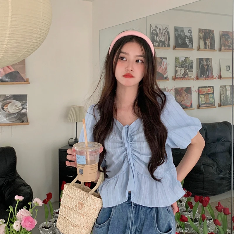 

Blue Slimming Dstring V-Ne ort irt Women plus Size Bubble Sve Cover Belly Top Summer Faion Korean Sle Commute