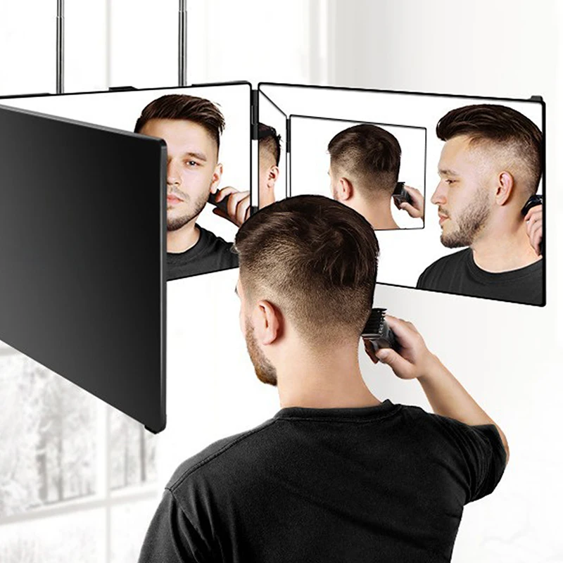 กระจกแต่งหน้าพกพาแบบพับได้ 360 องศา พร้อมตะขอปรับระดับความสูงได้สำหรับตัดผมด้วยตัวเอง