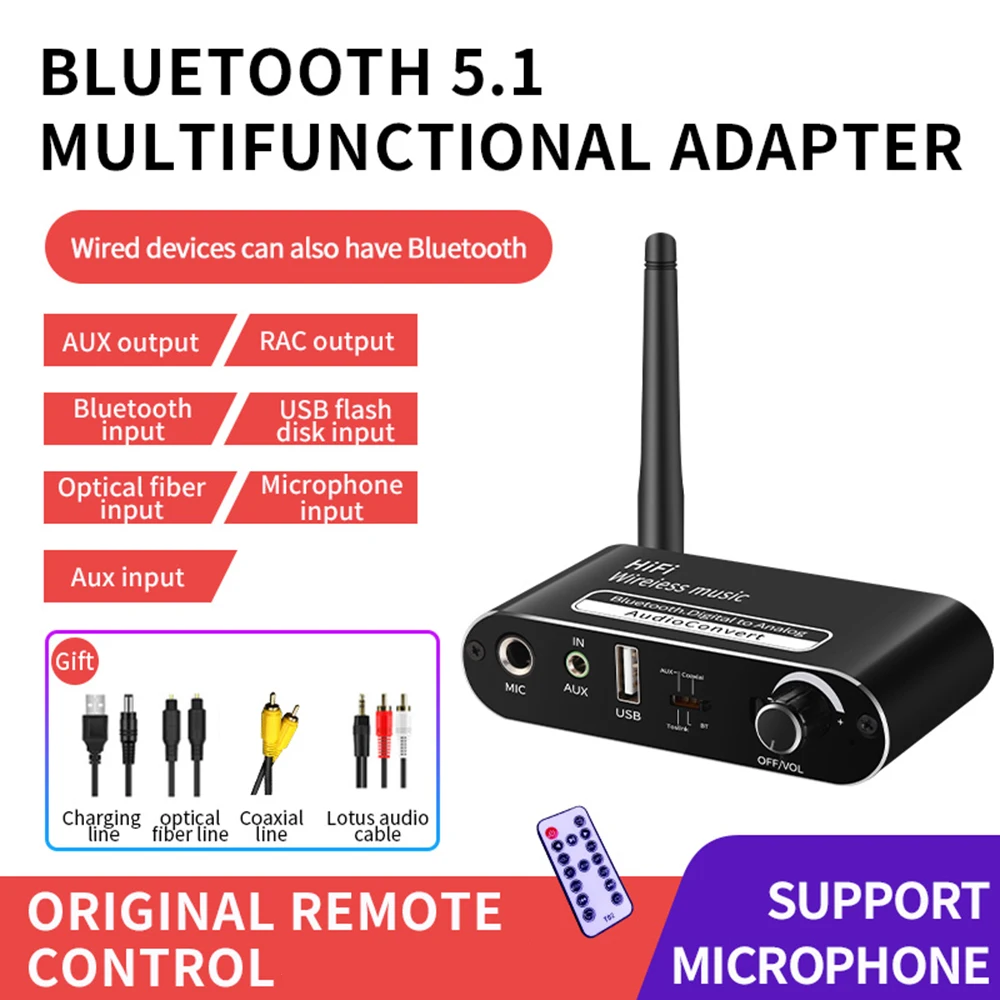 

DAC Bluetooth-совместимый аудиоприемник 5,1, внешний аудиоприемник 3,5 мм, AUX RCA USB, оптический стереоприемник Hifi, беспроводной адаптер