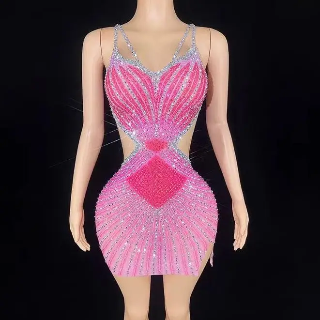 

Summer new diamond-set suspender backless sexy hip-side split multi-color short evening dress