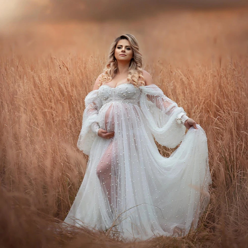 Maternity Photography Props Dress Dense Pearl White Yarn Maternity Photography Clothing Babyshower Gown Photo Shoot Pregnant