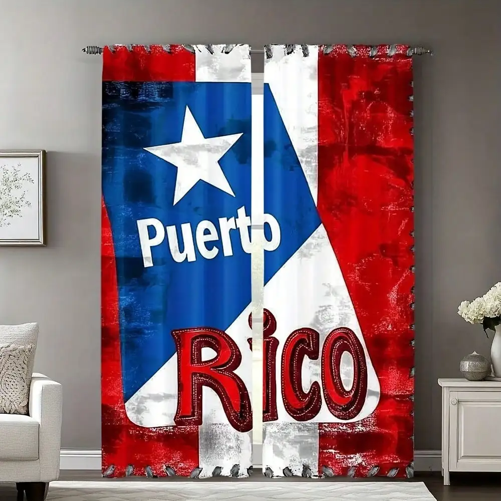 Vintage Puerto Rico Flag Curtain, Patriotic Distressed Print Blackout Curtains, National Symbol Window Drapes for Home Decor,