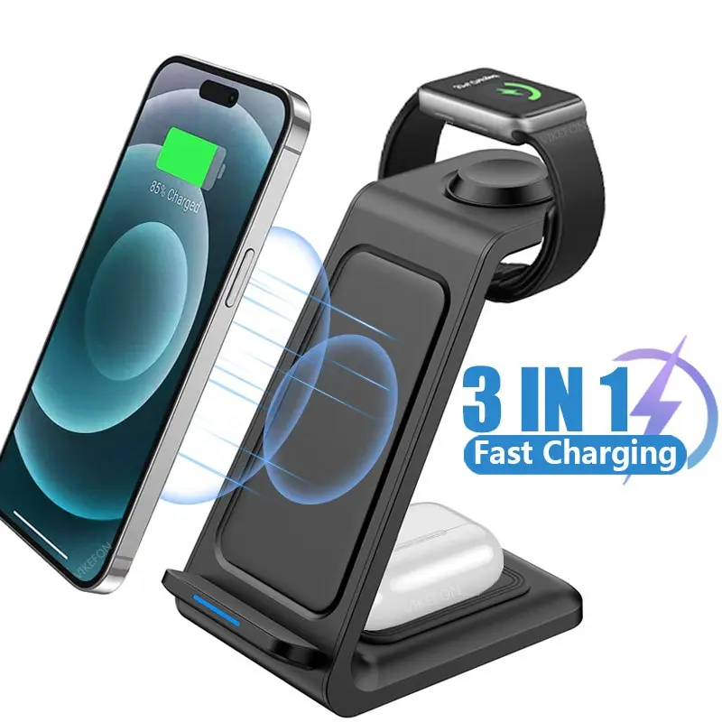 3 In 1 Wireless Charger Stand for iPhone 15 14 13 12 11 Apple Watch 9/8/7 Ultra Airpods Phone Holder 15W Fast Charging Station