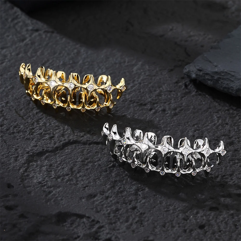 Hip Hop CZ Teeth Grillz Caps Cubic Zircon Iced Out Micro Pave Top&Bottom Charm Vampire Grills For Men Women Jewelry Xmas Gift