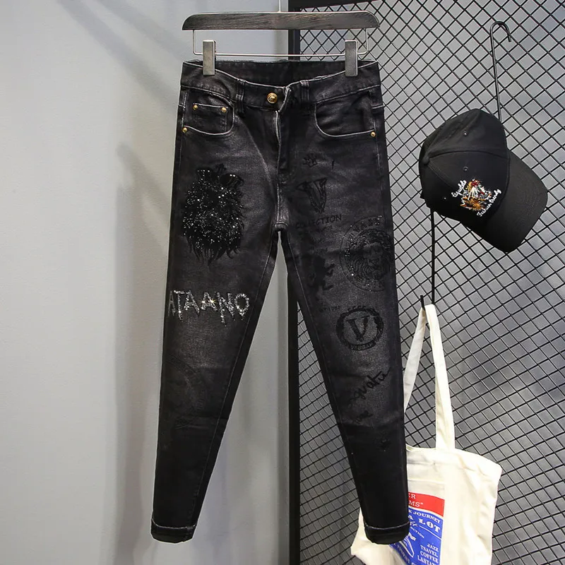 

Hot-stamped rhinestone men's jeans, trendy brand, stretchy slim fit, embroidered and printed men's trousers