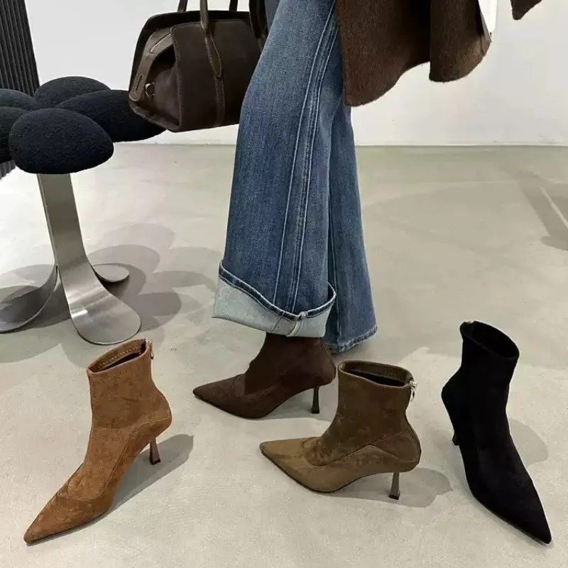 

Retro New Suede Zip Booties Tip Fashion French Temperament Pointed Toe Stretch Boots