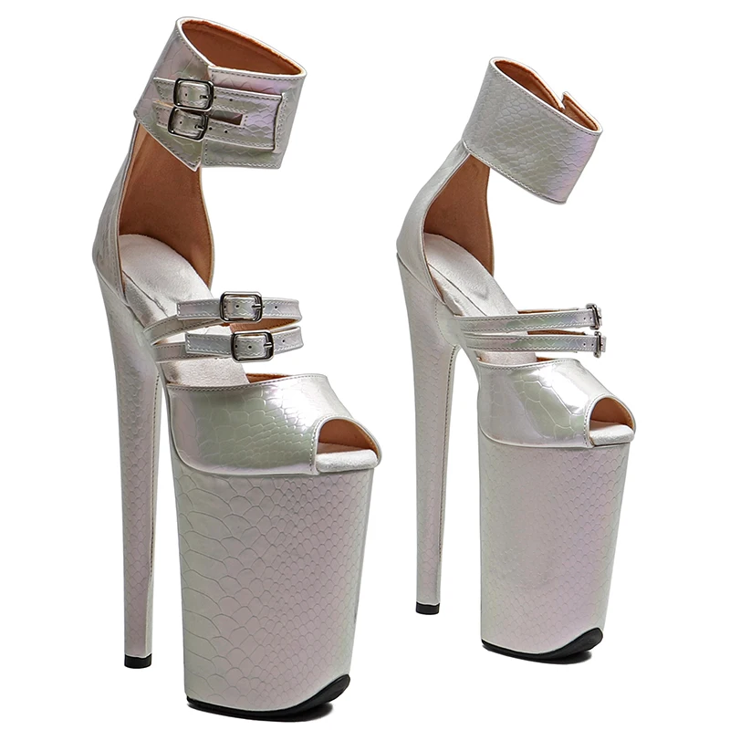 Leecabe 23CM / 9inches Shiny Snake PU Upper Open Toe Fashion Platform High Heels Sandals Pole Dance Shoes